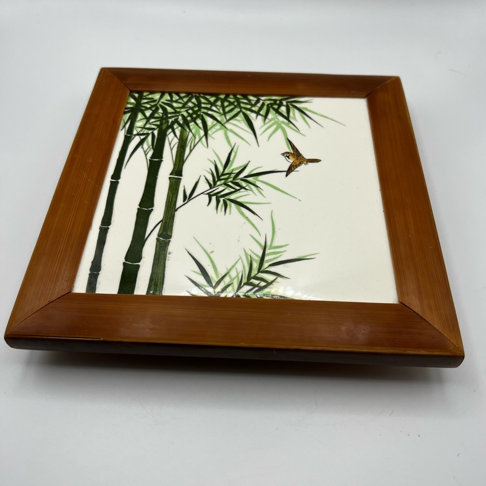 Handmade And Painted Ceramic Tile Hot Plate/ Trivet On Wood Base 8” Sq